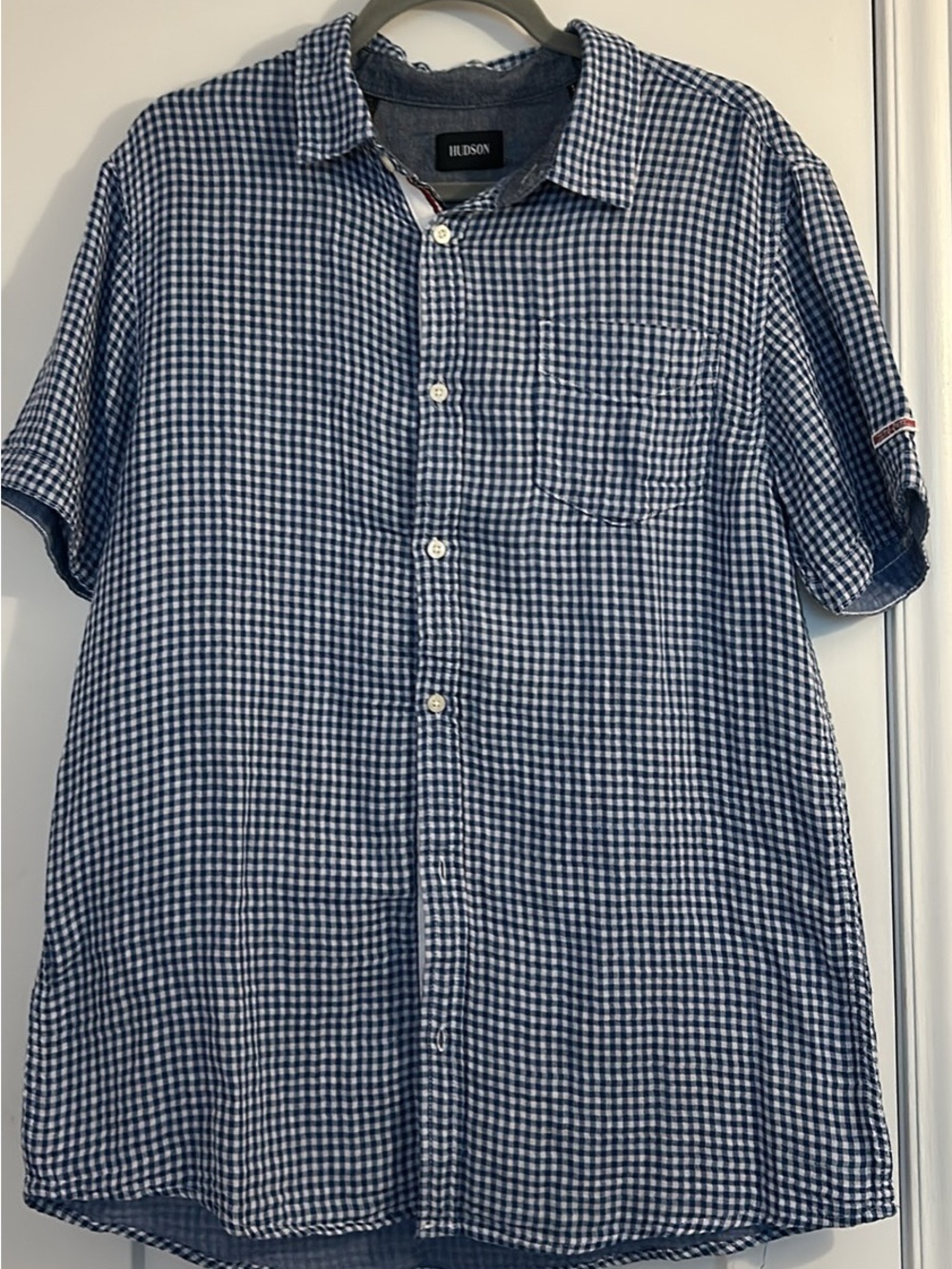 Hudson Jeans Navy and White Short Sleeve Button-Down Shirt men’s L NWT